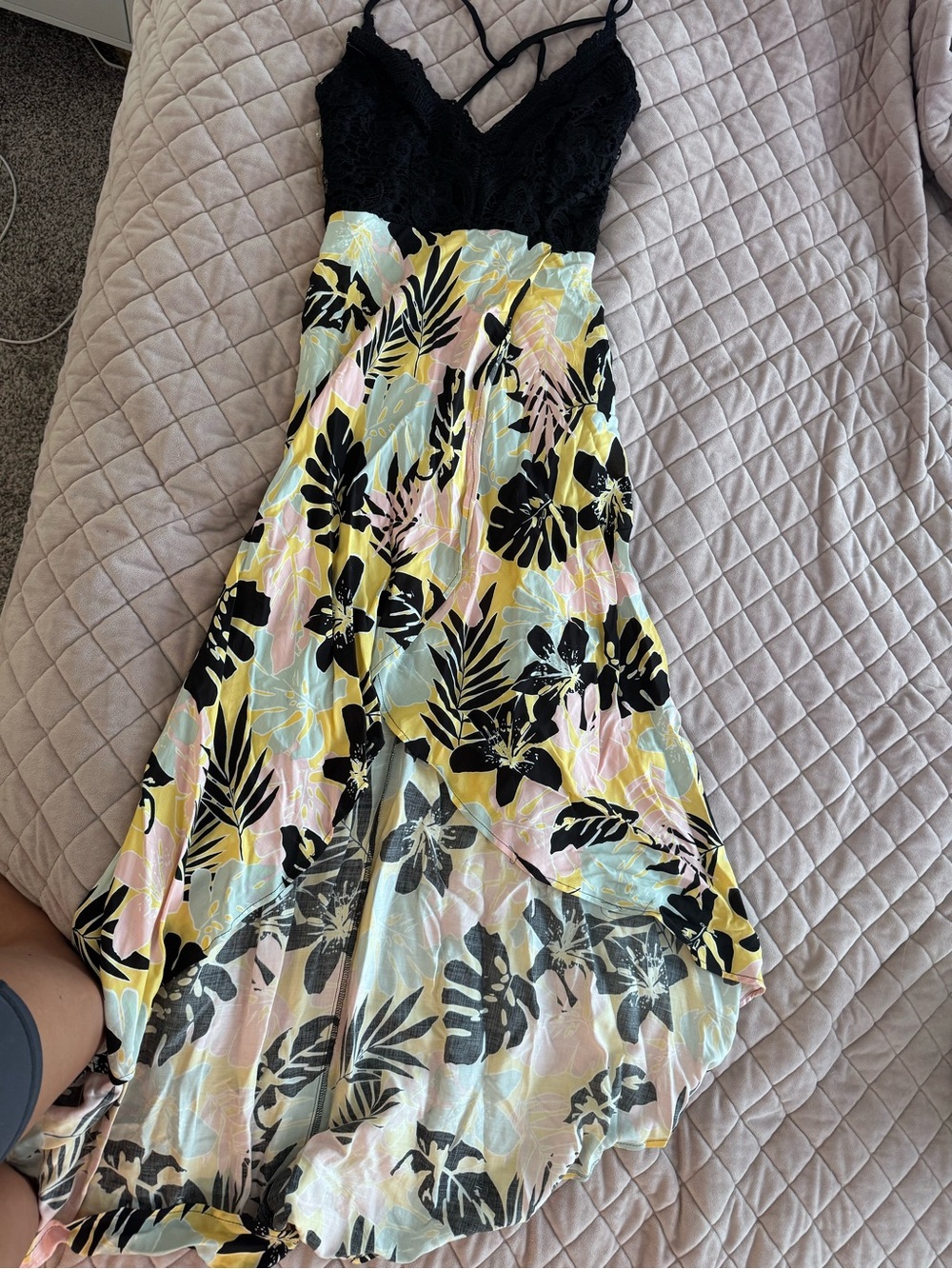 Black Lace & Tropical Print High-Low Skirt